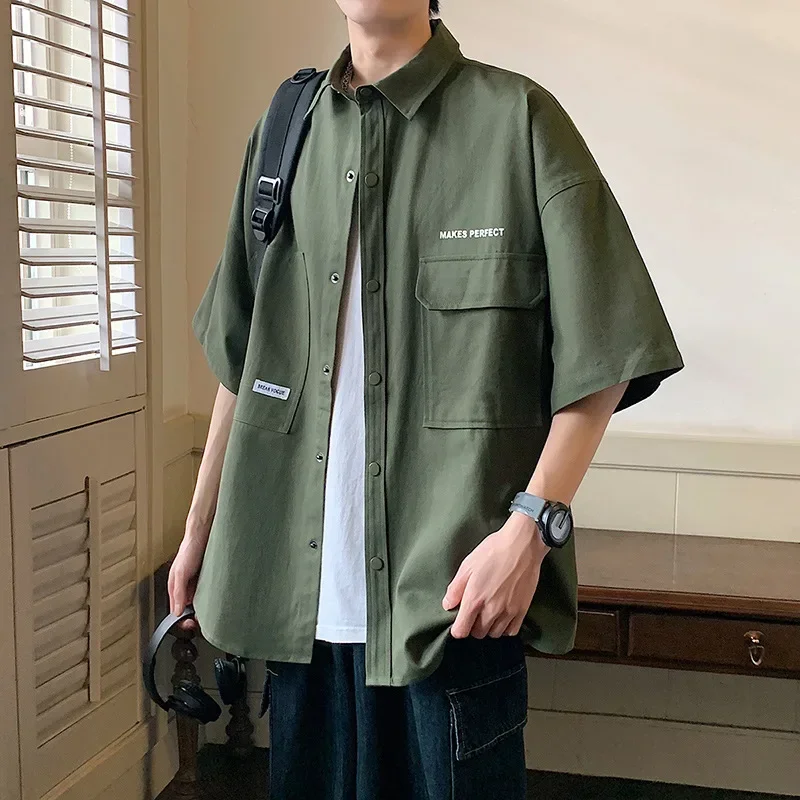 Korean Cargo Short Sleeve Shirts Men's Summer Fashion Thin Harajuku Casual Loose Shirt Coat Y2k Japan Streetwear Men Clothing