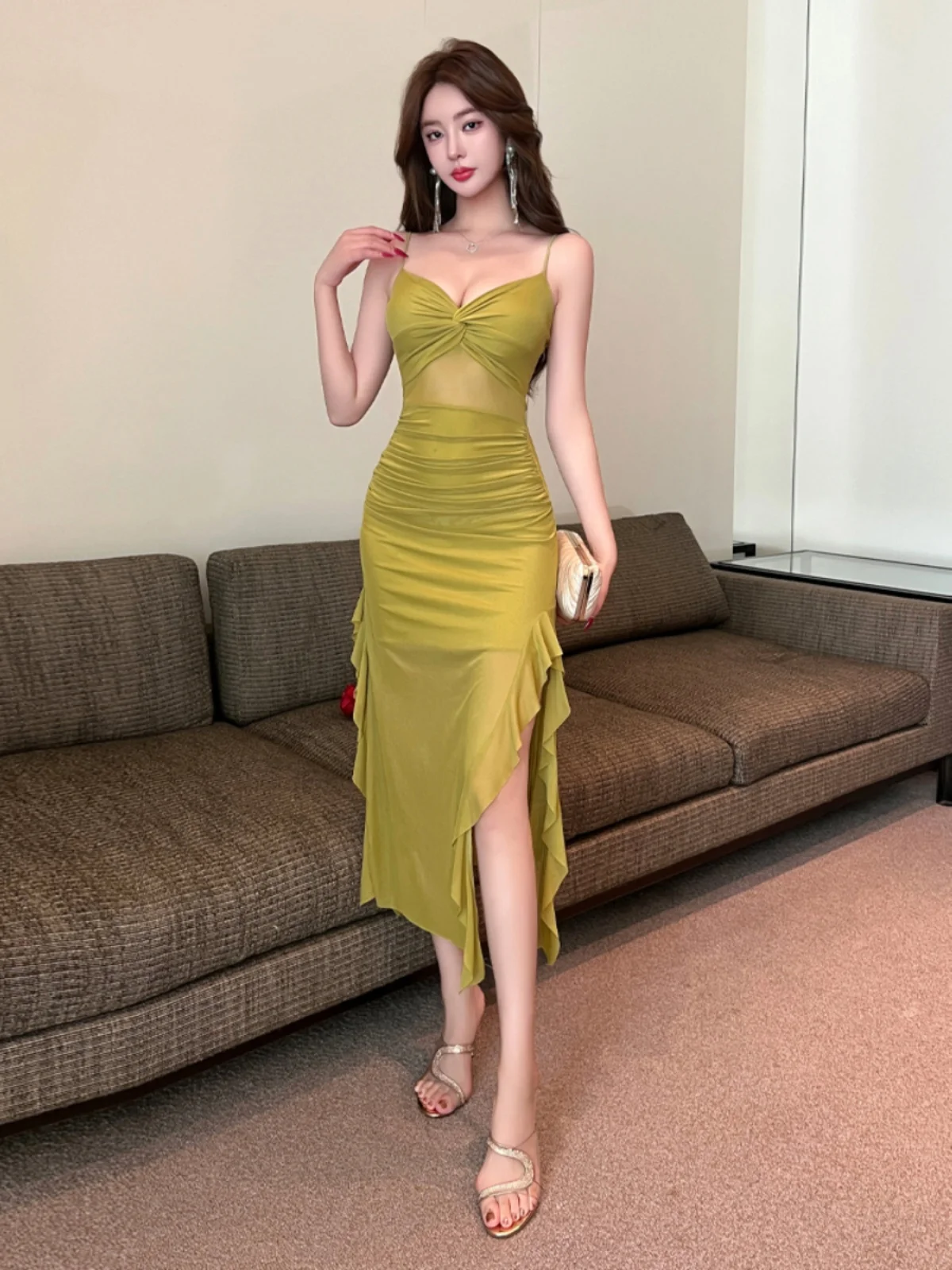 

Сексуальная сестра, известная в Интернете горячая девушка, длинное платье на бретельках, кружевное прозрачное пышное платье с разрезом све, летняя одежда с петлей на талии