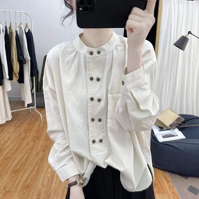 2024 Elegant Fashion Kawaii Shirt Solid Button Pure Cotton Stand Pure Cotton Long Sleeve Tops Women Loose Casual Female Clothes