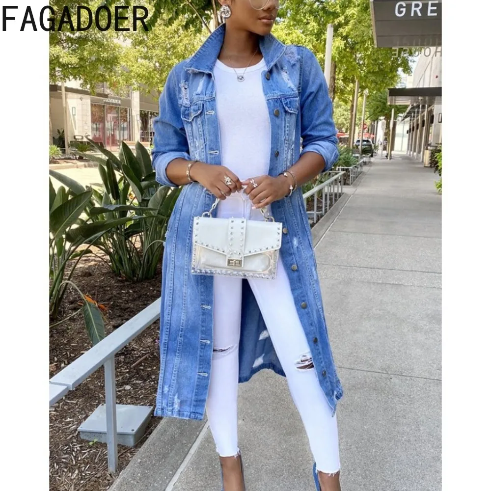 

FAGADOER Autumn Winter Casual Turndown Collar Long Sleeve Denim Coats Women Hole Button Slim Tops Female Pocket Cowboy Clothing