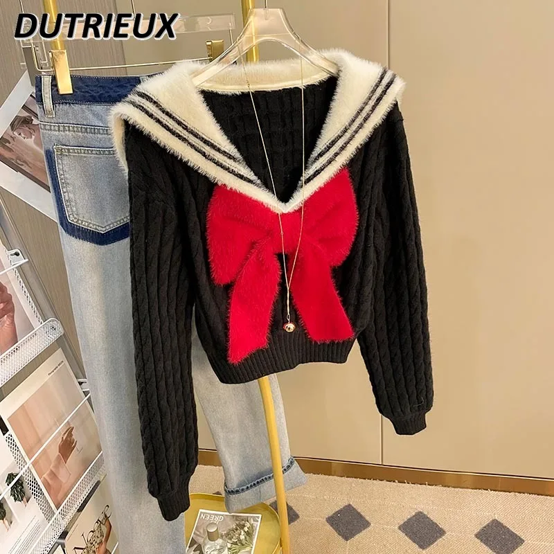 2023 Autumn New Sailor Collar Shawl Kawaii Sweet Bow Contrast Color Long Sleeve Sweater Tops Student Knitted Shirt for Women