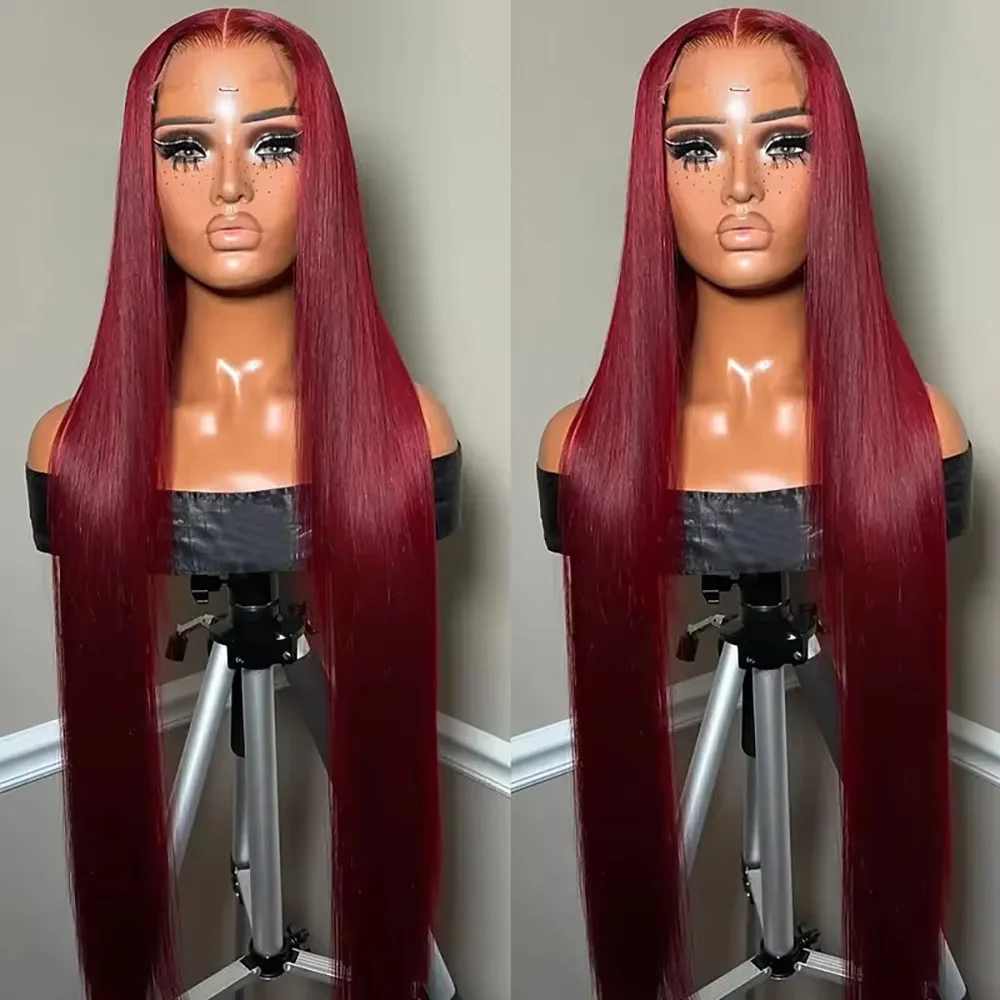 Straight 13×4 Lace Front Wigs Human Hair Burgundy Transparent Pre Plucked Red Color 220 Density Lace Frontal Wigs For Women 99J