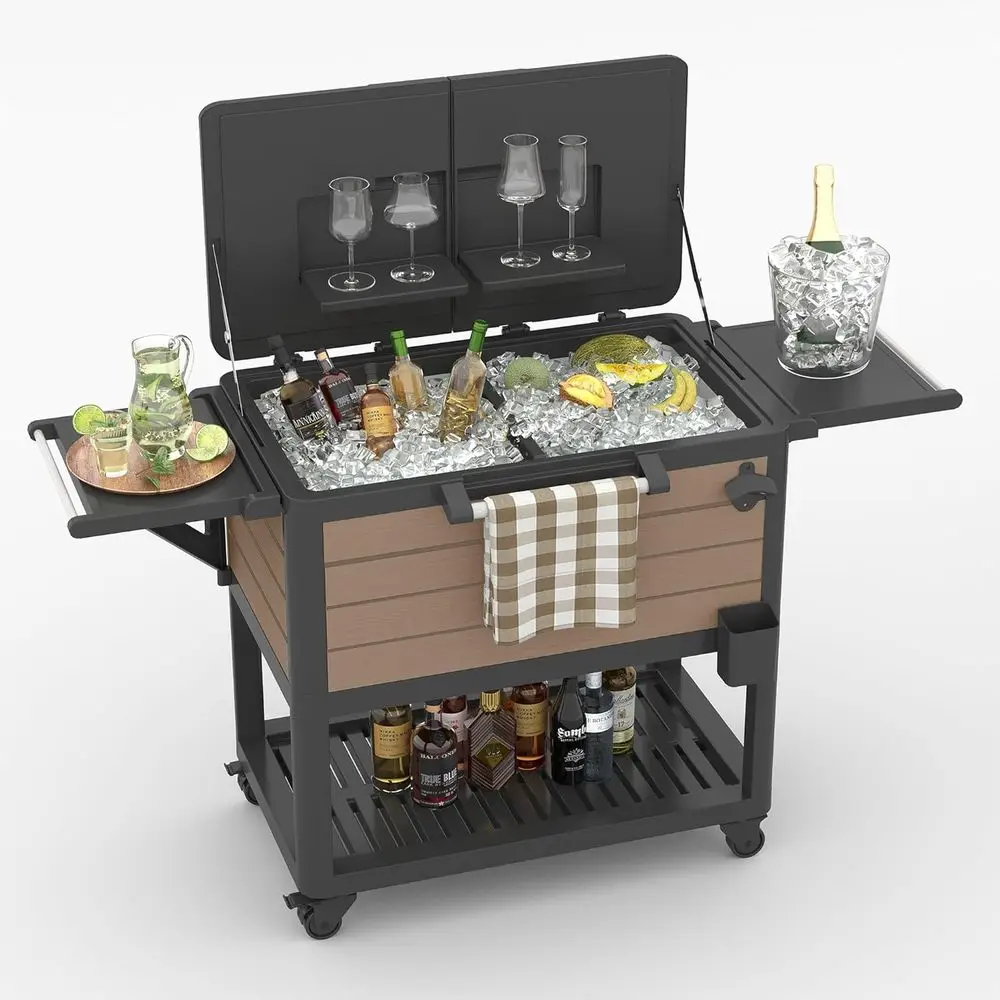 

Portable 104 Qt Rolling Cooler Cart with Wheels, Outdoor Beverage Bar for Deck, Pool Parties - Brown
