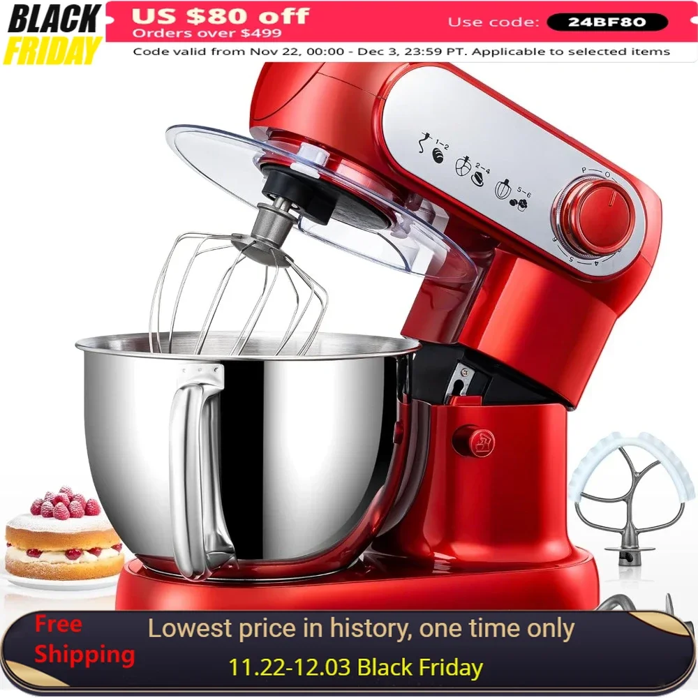 6QT Stand Mixer, 600W 6+P speed Mixers with Stainless Steel Bowl, Dishwasher-Safe Dough & Wire Whisk, Splash Guard, Stand Mixer