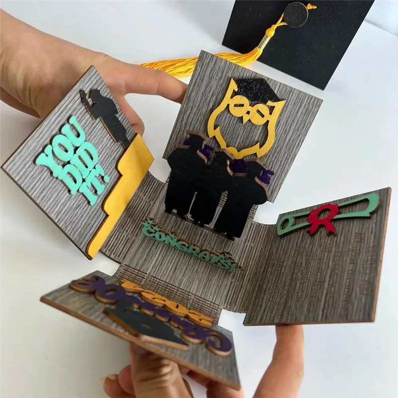 A08F-Graduation Explosions Box Bachelor Hat Shape Gift Packing Wooden Boxes 2024 Congratulation Grad Party Favors Decoration