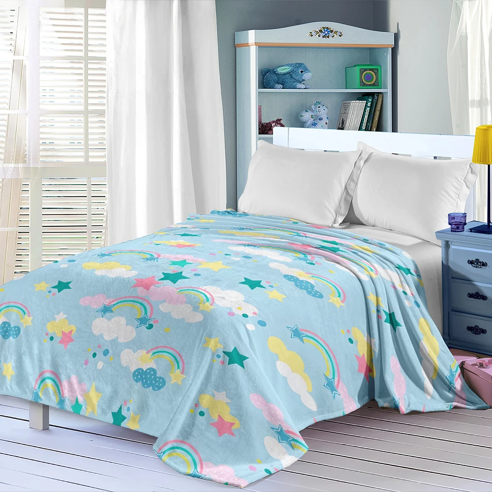 Light Blue Rainbow Clouds Flannel Blanket Perfect For Sofa Office Bed Travel Sleep Read Relax Camping Four Season Use
