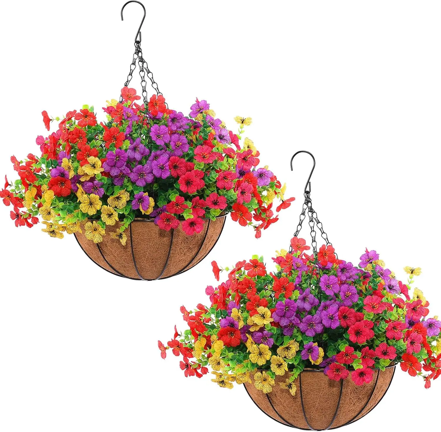 

2 Set Artificial Hanging Flowers with Basket, 24 Pcs for Porch Garden Patio Decor in Red Purple Yellow Rose Red