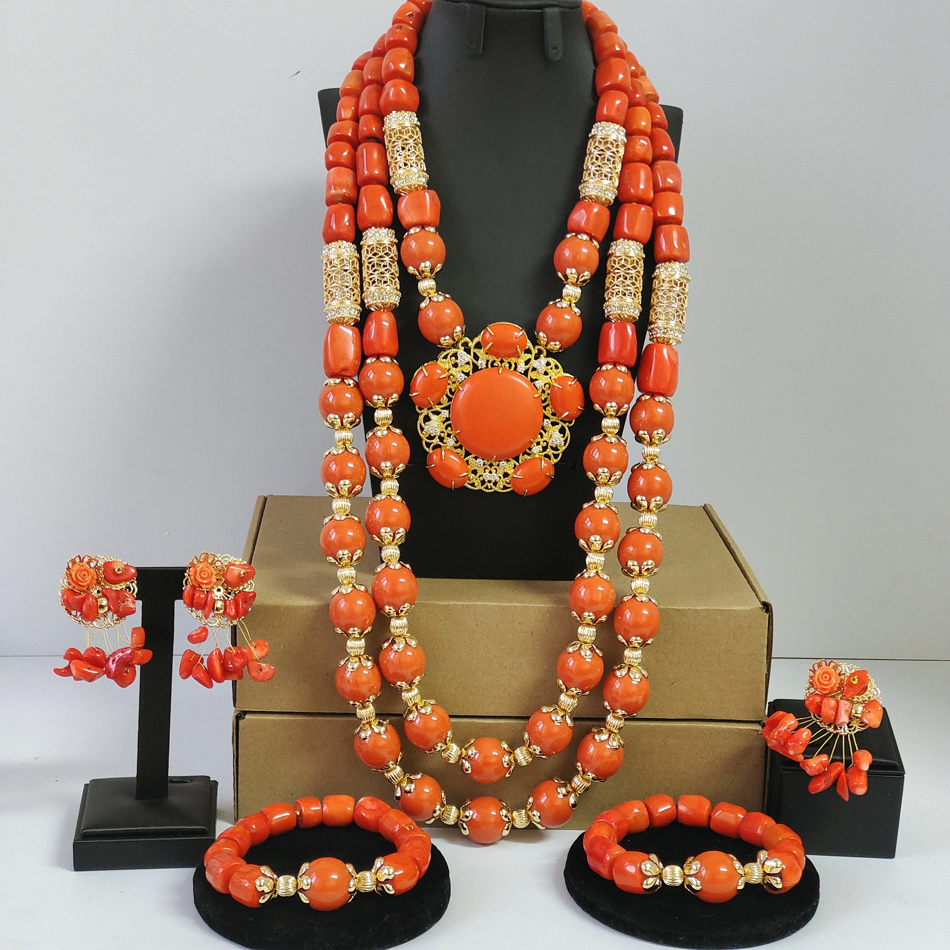 

Африканский свадебный комплект украшений из бусин оранжевого коралла