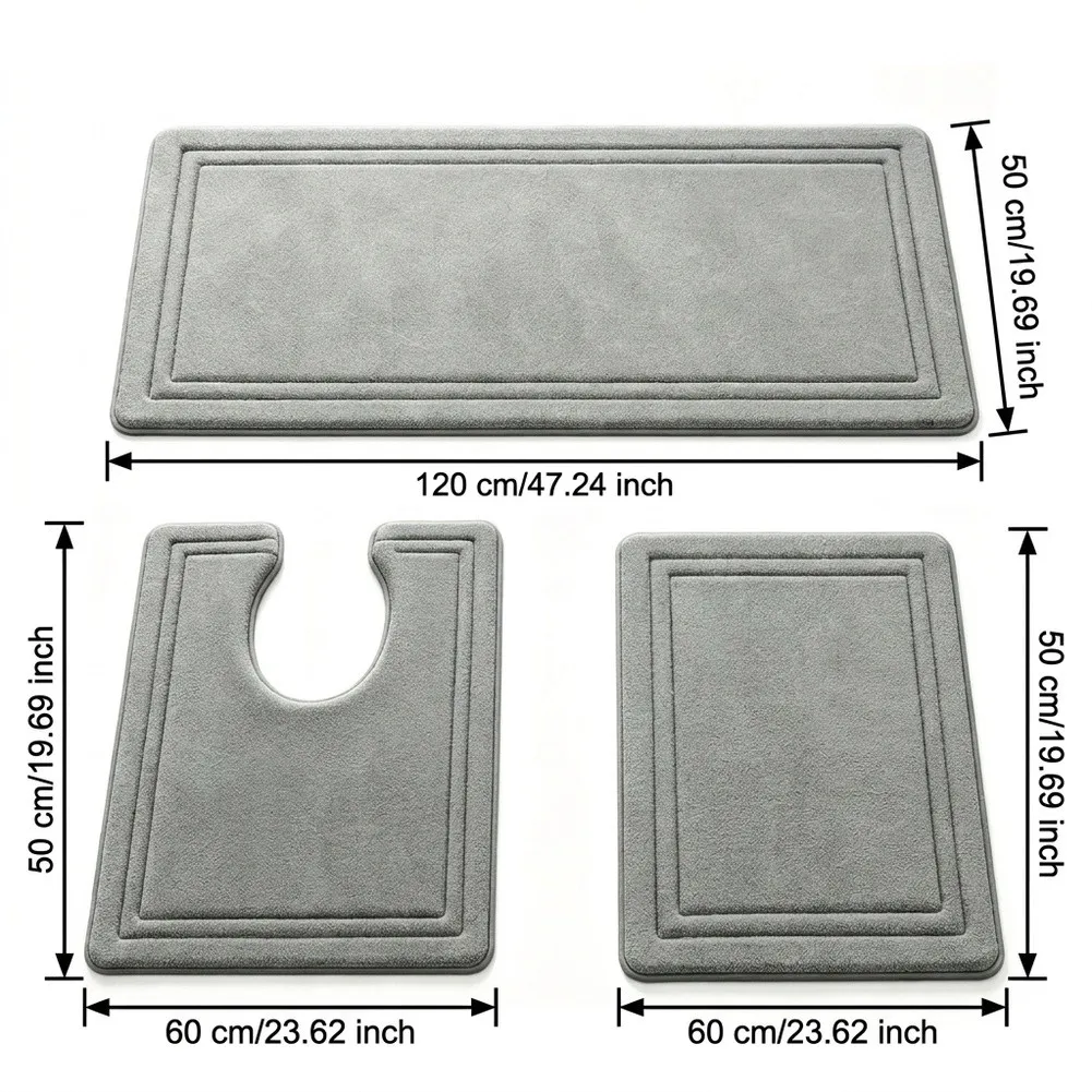 Three Piece Slip Toilet Entrance Mat Set Dark Gray Fabric Bathroom Floor Rugs Non Skid For Washable Bath Shower Door Mats Decor