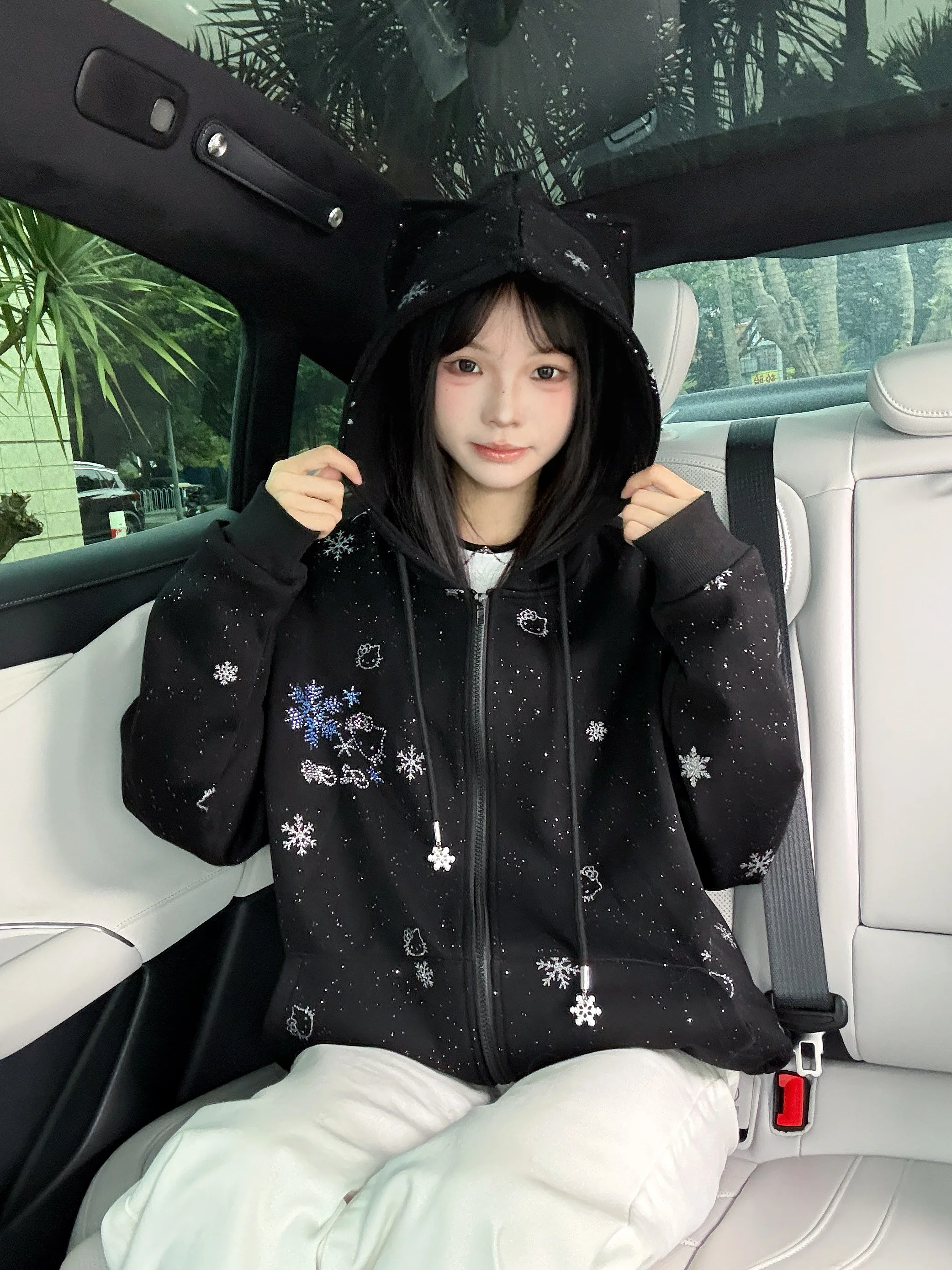 

Оригинальная утепленная куртка-худи с капюшоном и узором снежинок, свободного кроя, в американском стиле, для пар, с шапкой и свитером