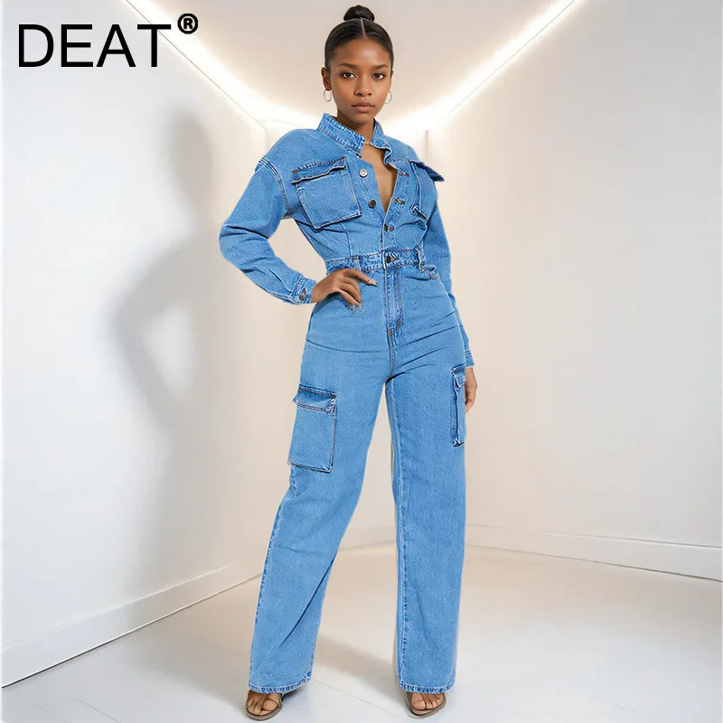 DEAT Women's Trendy Solid Color Single Breasted Jumpsuit Pants High Waist Pocket Casual Jumpsuits Female 2024 Winter New 33A2301