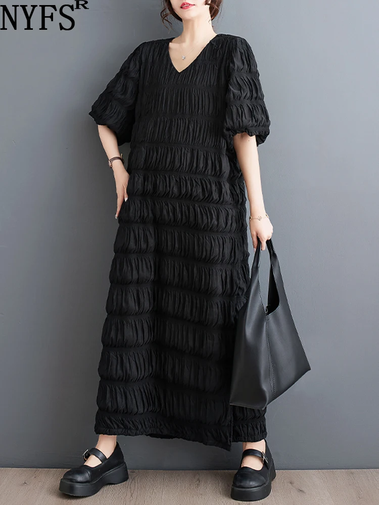 

NYFS 2023 Summer New Korea Woman Dress Vestidos Robe Elbise Loose Plus Size Hepburn Style Puff Sleeve Long Dresses