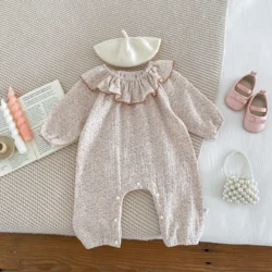 Korean Style Newborn Bodysuit Baby Girls Chiffon Fabric Long Sleeves Frilled Collar Floral Prints Infant Romper 0-2yrs