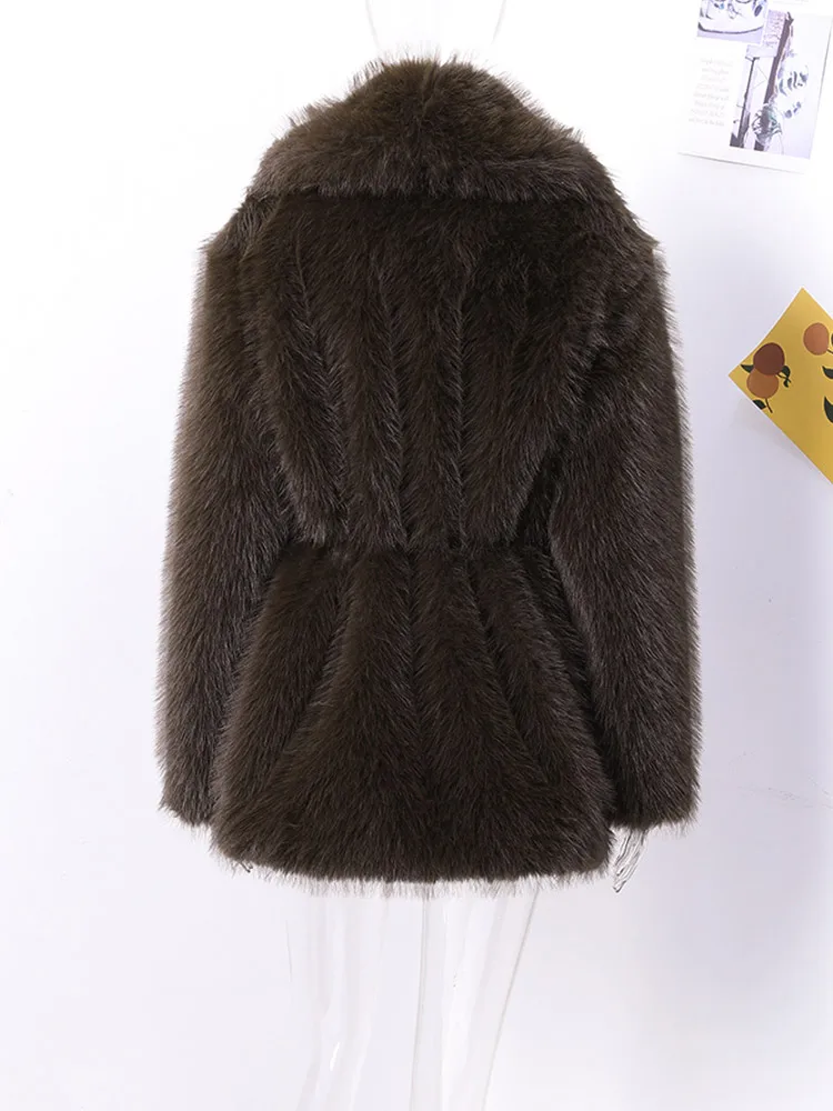 With Belt Fur Coat Fluffy Large Heart Shaped Waist Cinching Deep V Mid Length Overcoat Warm Plush Women Trend Outwear Winter Top