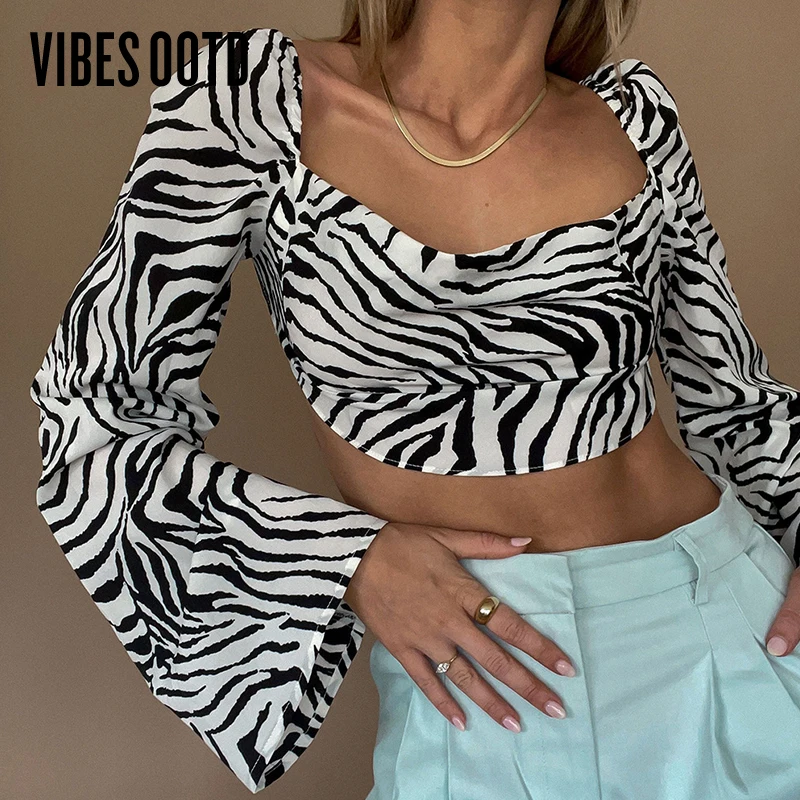 

VIBESOOTD Zebra Print Elegant Sexy Backless Lace Up Blouses Women Fashion Autumn Club Party Long Crop Tops Sleeve Shirts Clothes