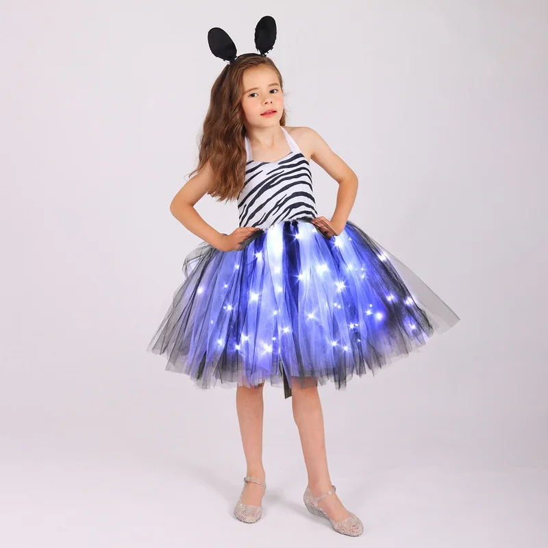 

Halloween Child Animal Cosplay Costume Girls Zebra LED Lights Nylon Mesh Tutu Dress Headdress Tail Kids Birthday Party Gift