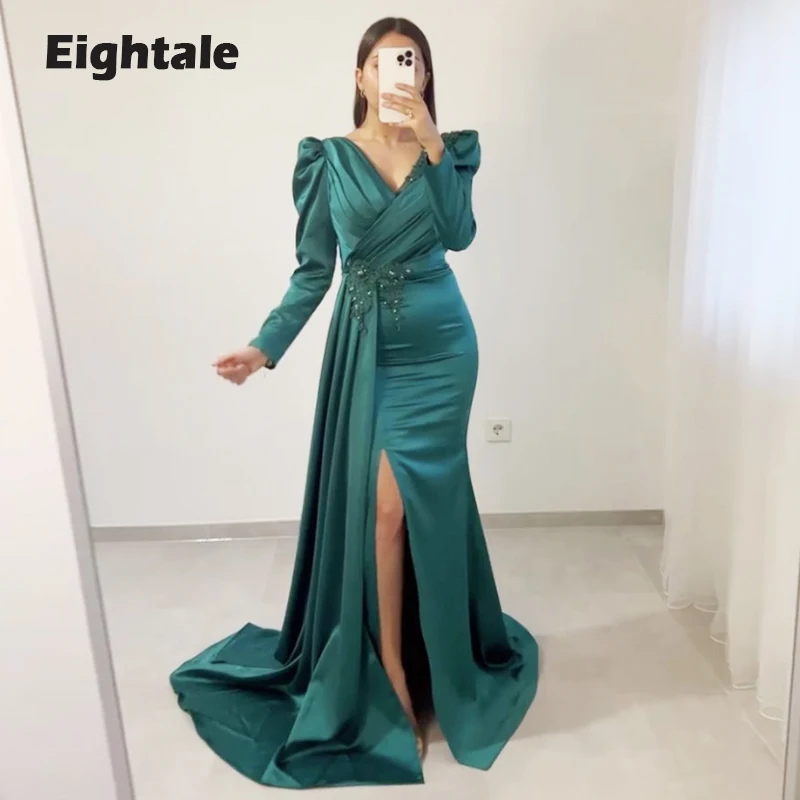 Eigtale-vestido de noche verde esmeralda para fiesta de boda, apliques de cuello en V, satén, sirena, Formal, para fiesta