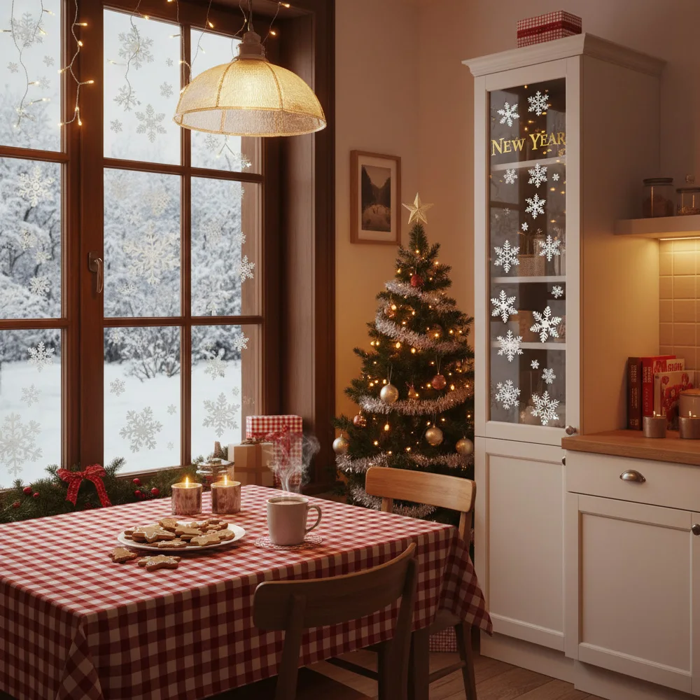 Christmas Snowflake Window Clings, Glitter Effect Electrostatic Wall Stickers for Glass, Glueless Home Decor for New Year Party