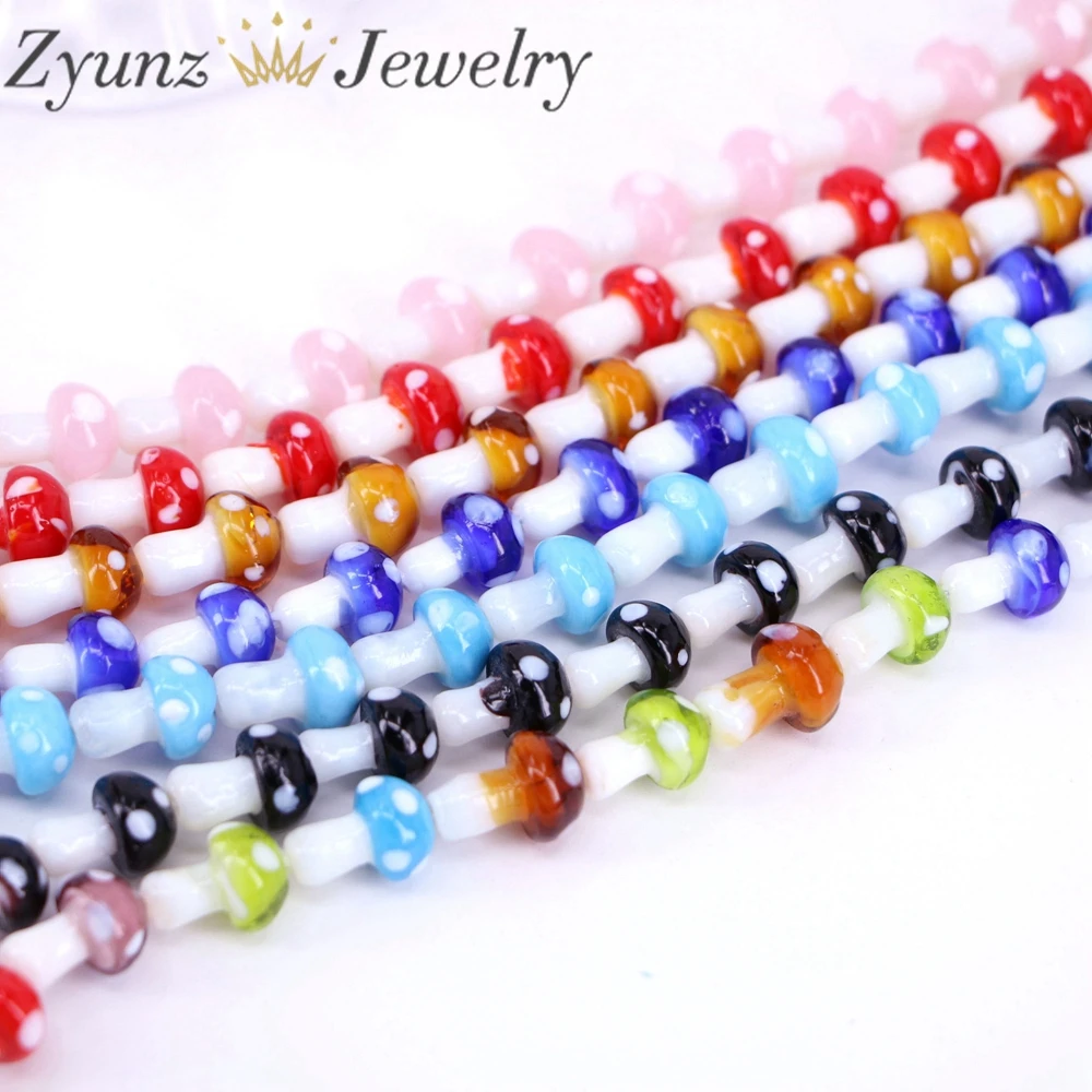 

4 нити, нить разноцветных грибных бусин, бусины-подвески, бусины лэмпворк, подвески в виде грибов, изготовление ювелирных изделий из бисера в стиле бохо своими руками