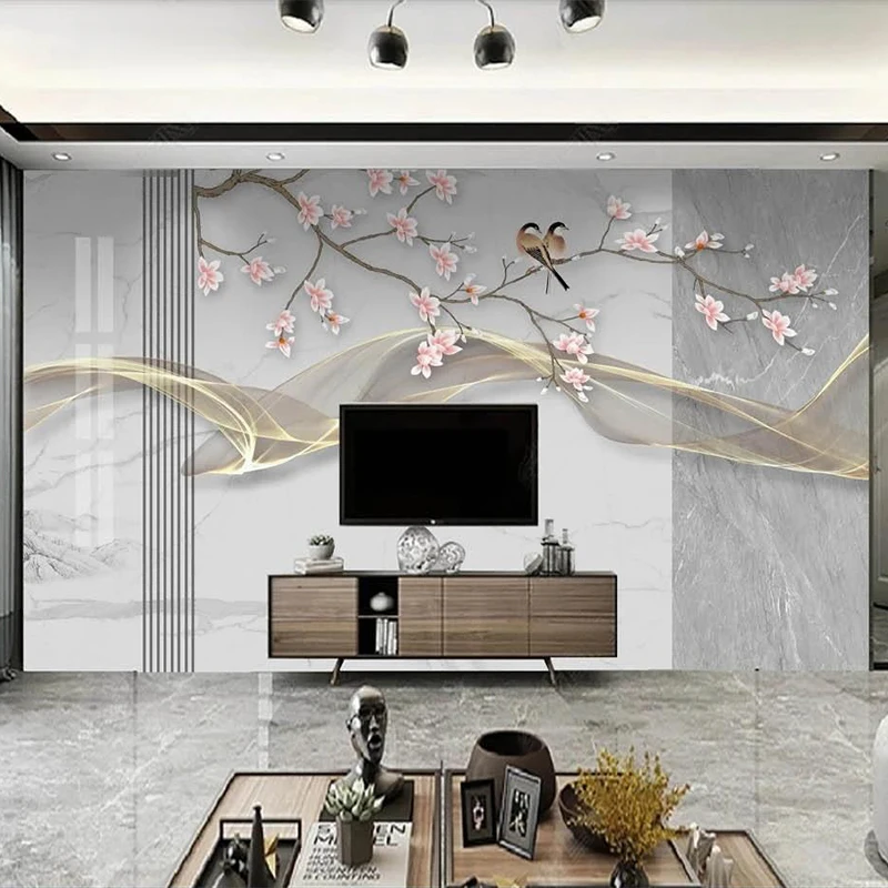 

Custom Wallpaper Chinese Style 3D Marble Magnolia Flower And Bird Background Wall Decor Mural Living Room TV Sofa Study Fresoes