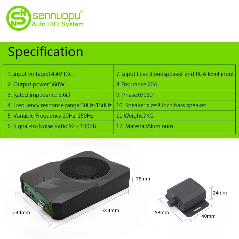 Sennuopu Car Audio Active Subwoofer Amplifier 8 inch Under Seat Subwoofer Speaker