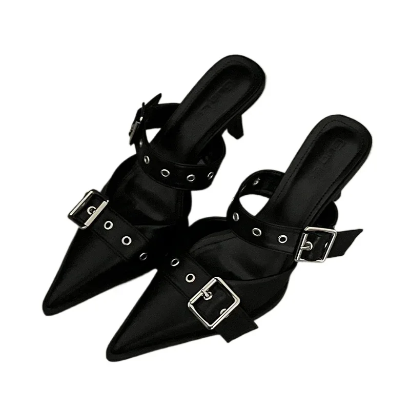 Punk Goth Metal Buckle High Heels Women\'s Sandals Summer Pointed Toe Silver Party Shoes Fashion Womens Pumps Shoes Tacones