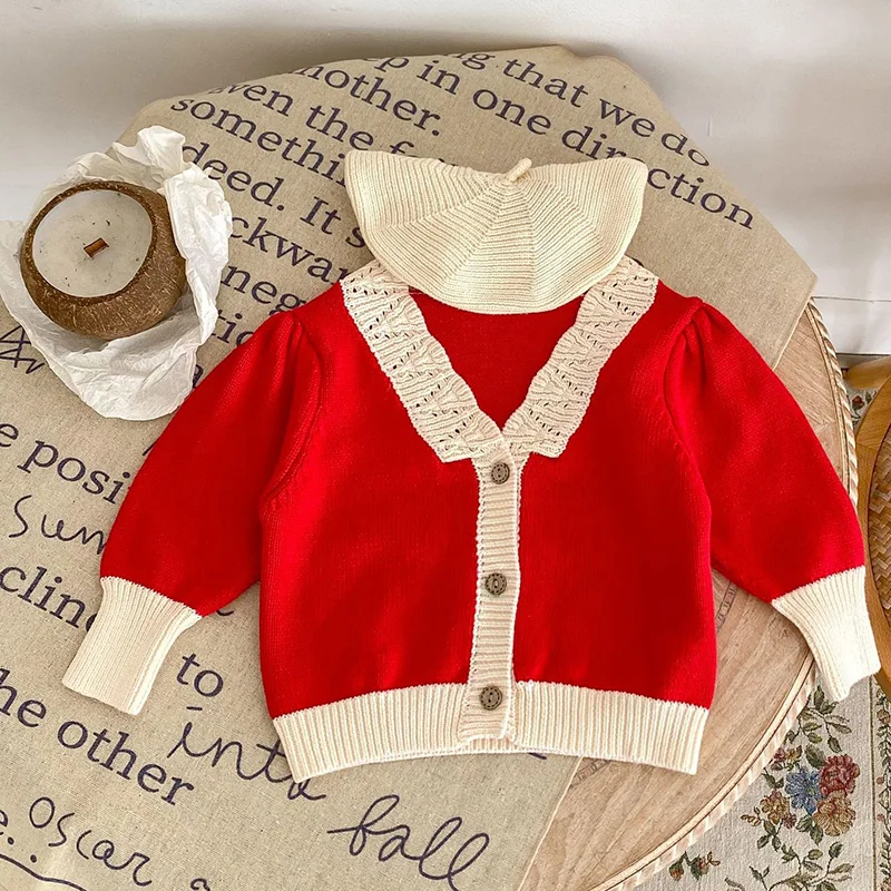 

2024 New Spring Children Knitting Clothes Long Sleeve V-neck Splicing Knitting Cardigan Coat Newborn Baby Girls Sweater Coat