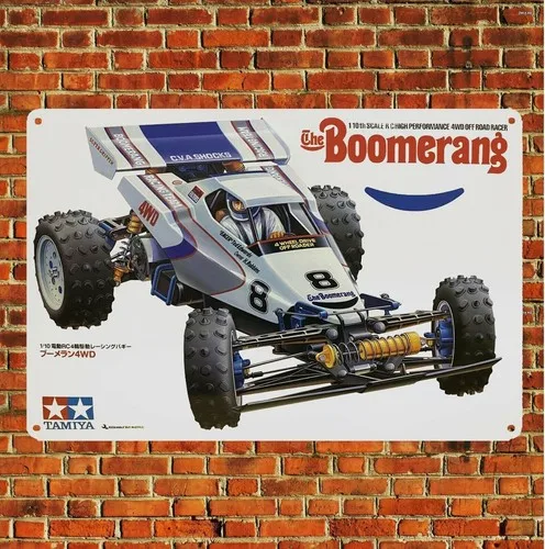Póster metálico vintage de coche Rc, placa de metal Tamiya The Boomerang Buggy Boxart