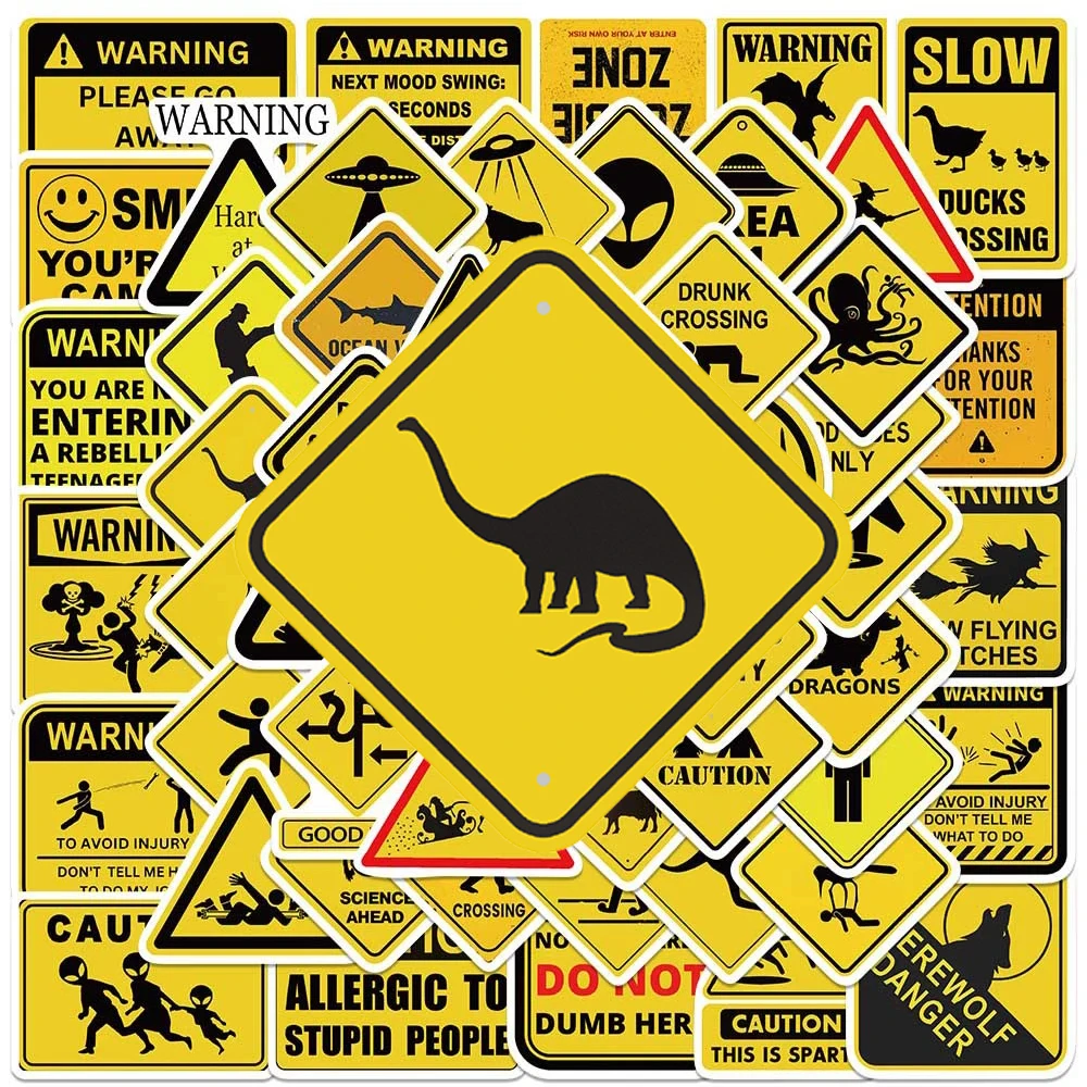 10/30/50pcs Classic Yellow Warning Sign Stickers Cool Cartoon Decals Decorative Notebook Phone Suitcase Funny Waterproof Sticker