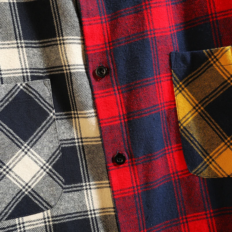 2023 Hip Hop Streetwear Patchwork Casual Plaid Shirt Mens Long Sleeve Loose Blous