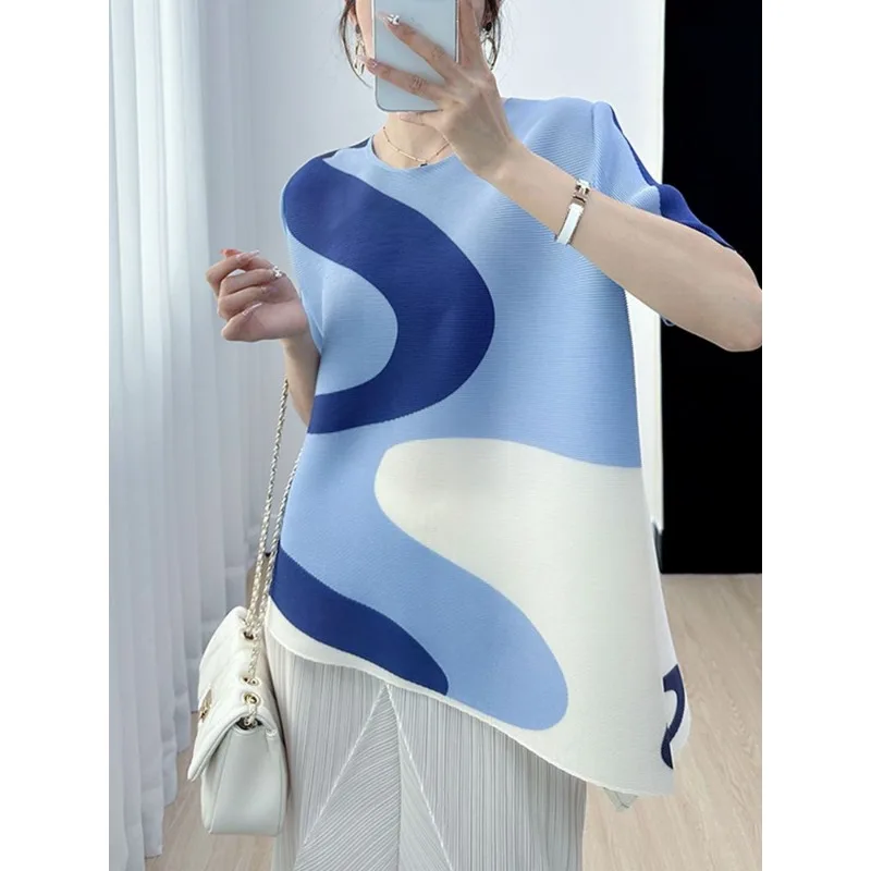 

Tops Women's Summer Printed T-shirt Premium Pleated Loose-fit Youthful Crew Neck Short Sleeves New Comfortable Minimalist Niche