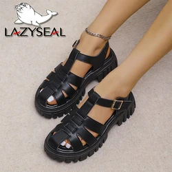 LazySeal Platform Sandals Modern Low Heel Buckle Round Toe Checkered Design Shoes Gladiator Style Casual Women Sandal Big Size41