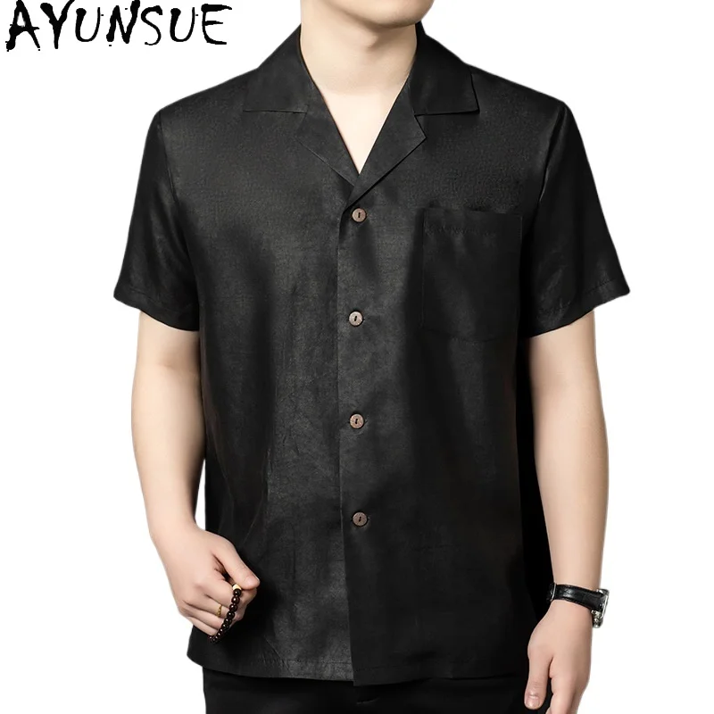 

AYUNSUE 100% Natural Mulberry Silk Shirt for Men Summer Tops 2026 Casual Real Gauze Silk Short Sleeve Satin Shirts Man Clothing
