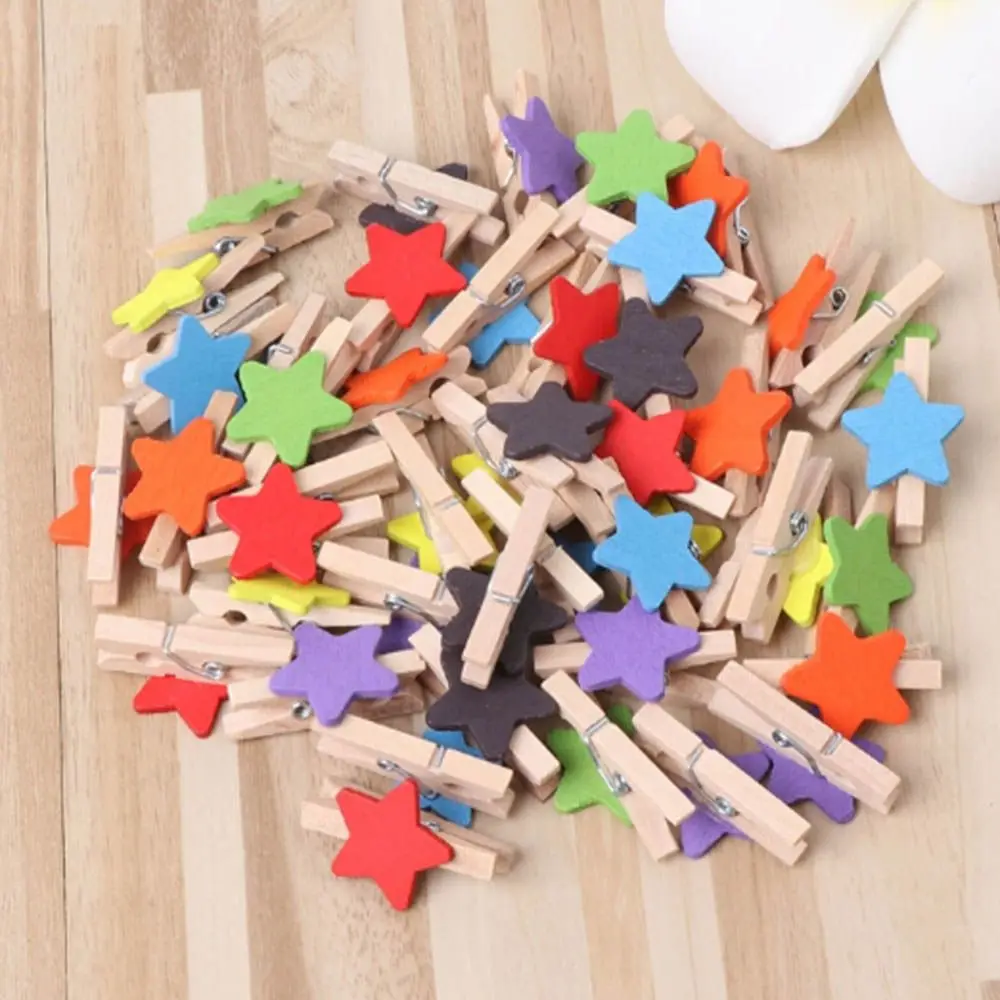 50Pcs Colored Star Mini Wooden Craft Clips Card Photo Paper Peg Pin Clothespin Home Wedding Decoration