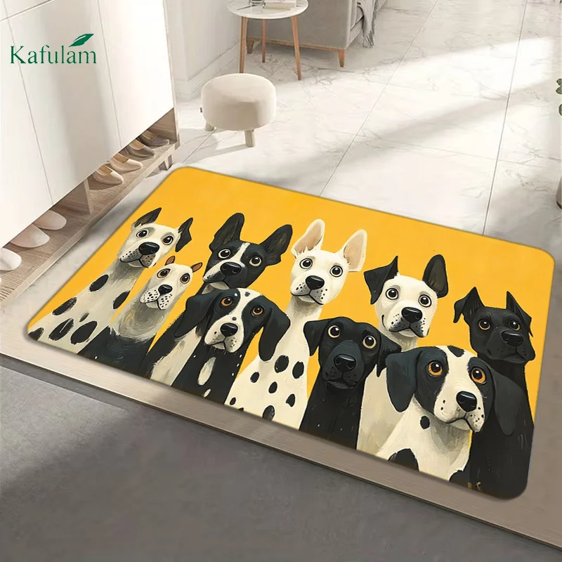 Cute Dog Group Doormat Yellow Background Cartoon Print Non Slip Entry Rug For Pet Lover Home And Entryway Decor