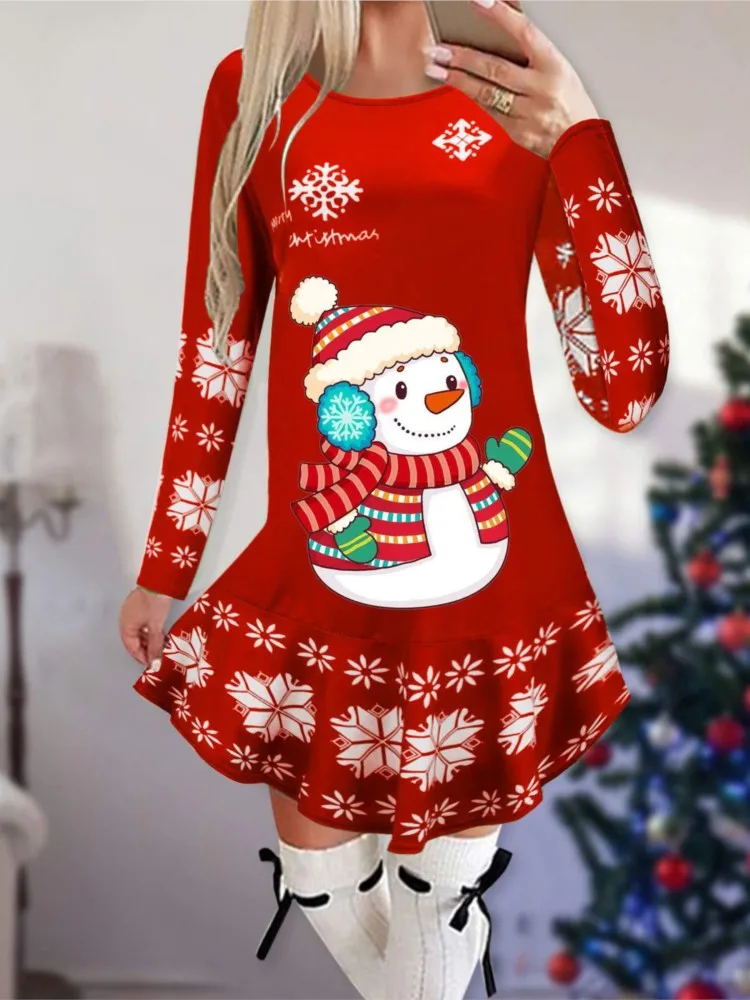 

Christmas Snowflake Elk Vintage Party Dress Ruffles Elegant Long Sleeve Casual Print Winter Christmas Dresses Women Sweater Robe