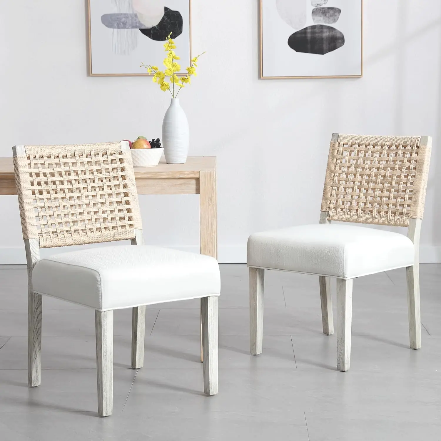 

Modern Farmhouse Dining Chairs Set Of 2, Upholstered Linen Kitchen Chairs With Woven Back, Solid Wood Accent Side Host Chair
