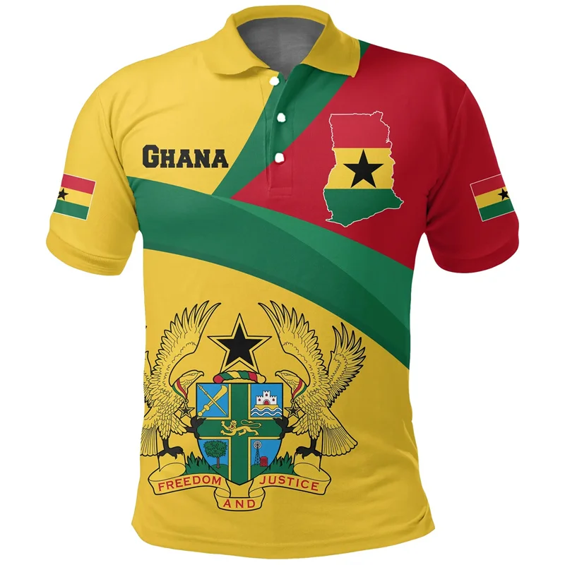 3D Ghana Map Flag Printed Polo Shirt The Republic-of Ghana Coat Of Arms Graphic Polo T Shirt For Men Fashion Polo Shirts Clothes