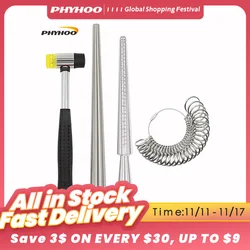 4PCS Ring Mandrel Sizer Tool with Metal Mandrel Finger Sizing Measuring Stick and Ring Sizer Guage and Rubber Jewelers Hammer