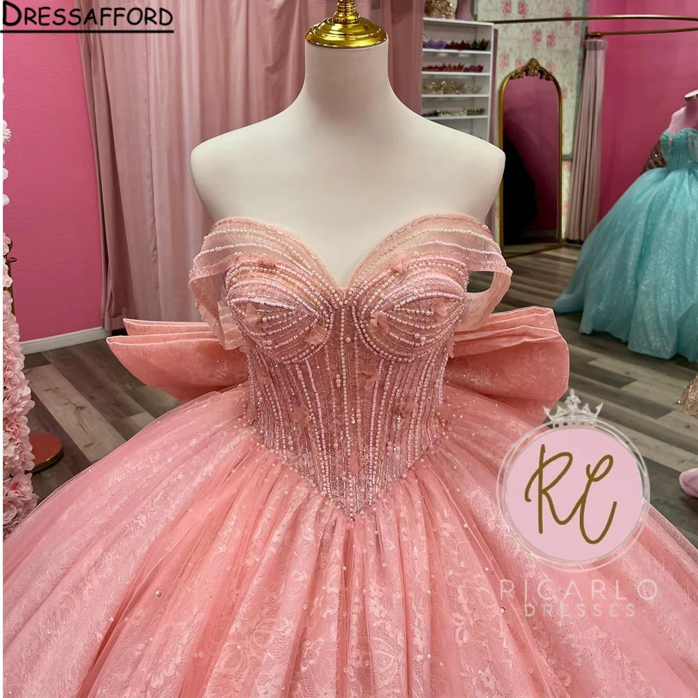 Pink Sparkly Glittering Quinceanera Dresses Off-Shoulder Vestidos De 15 Anos Beading Crystal Princess Party Gowns