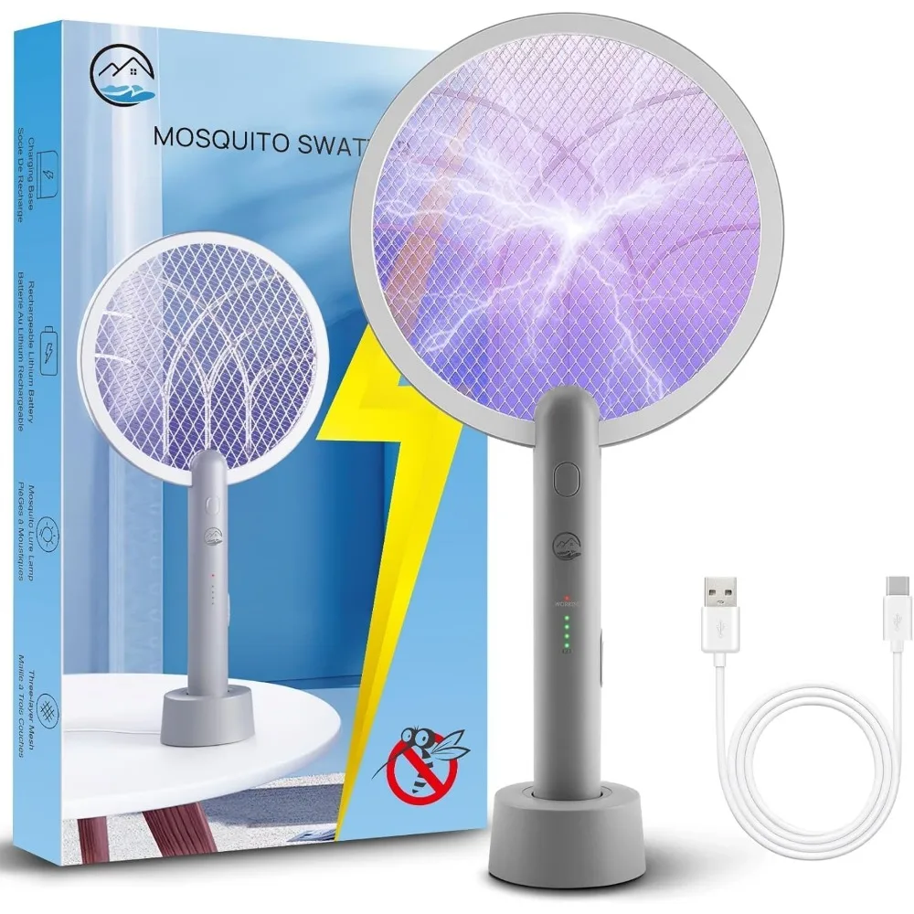 

Электрическая мухобойка-ракетка 2-в-1 с зарядной базой, уничтожитель комаров 4000В, 3-слойная защитная сетка