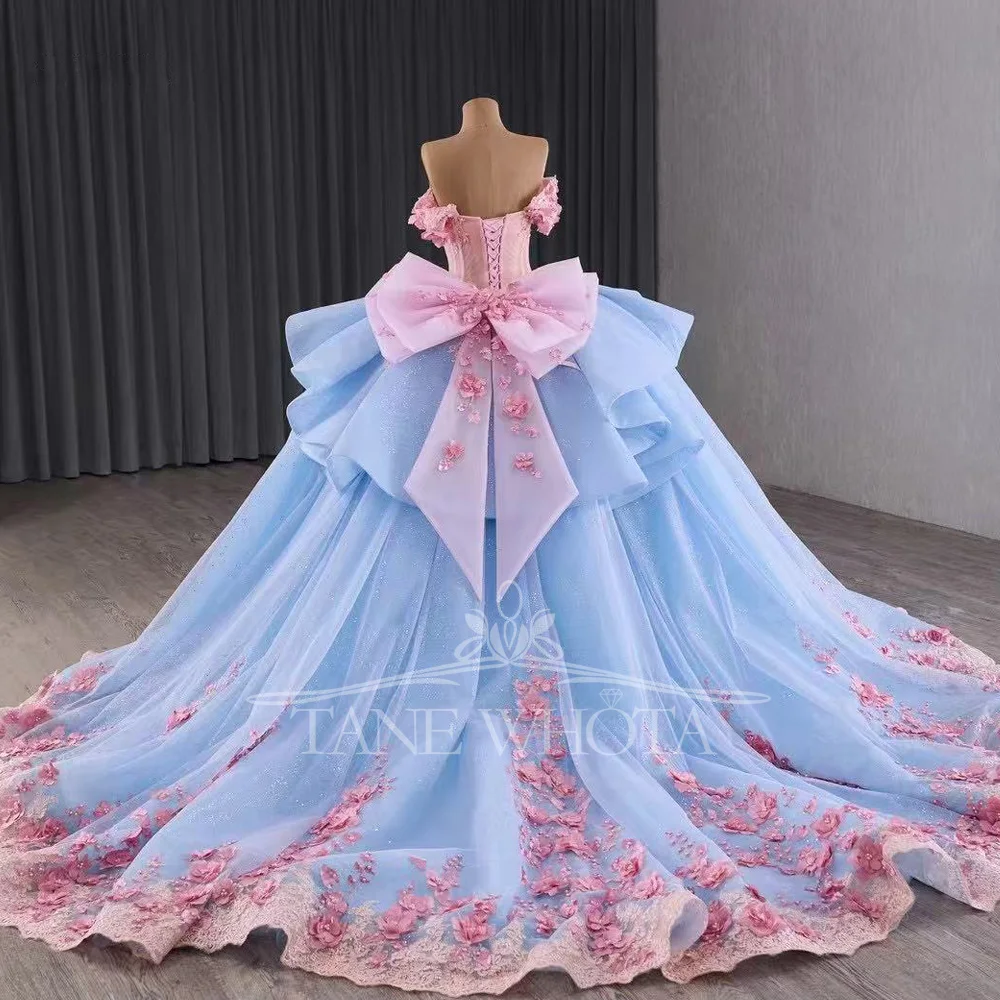 Girls 15 Quinceanera Dresses Pink Blue Sweetheart Off-Shoulder Lace-Up Back Flower Beaded Appliques Bow Evening Dress
