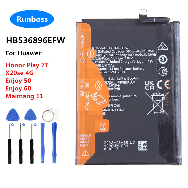 

New HB536896EFW 6000mAh Battery For Huawei Honor Play 7T,X20se 4G,Enjoy 50,60,Maimang 11,MGA-AL00 DRY-AN00 MGA-AL40 RKY-AN10