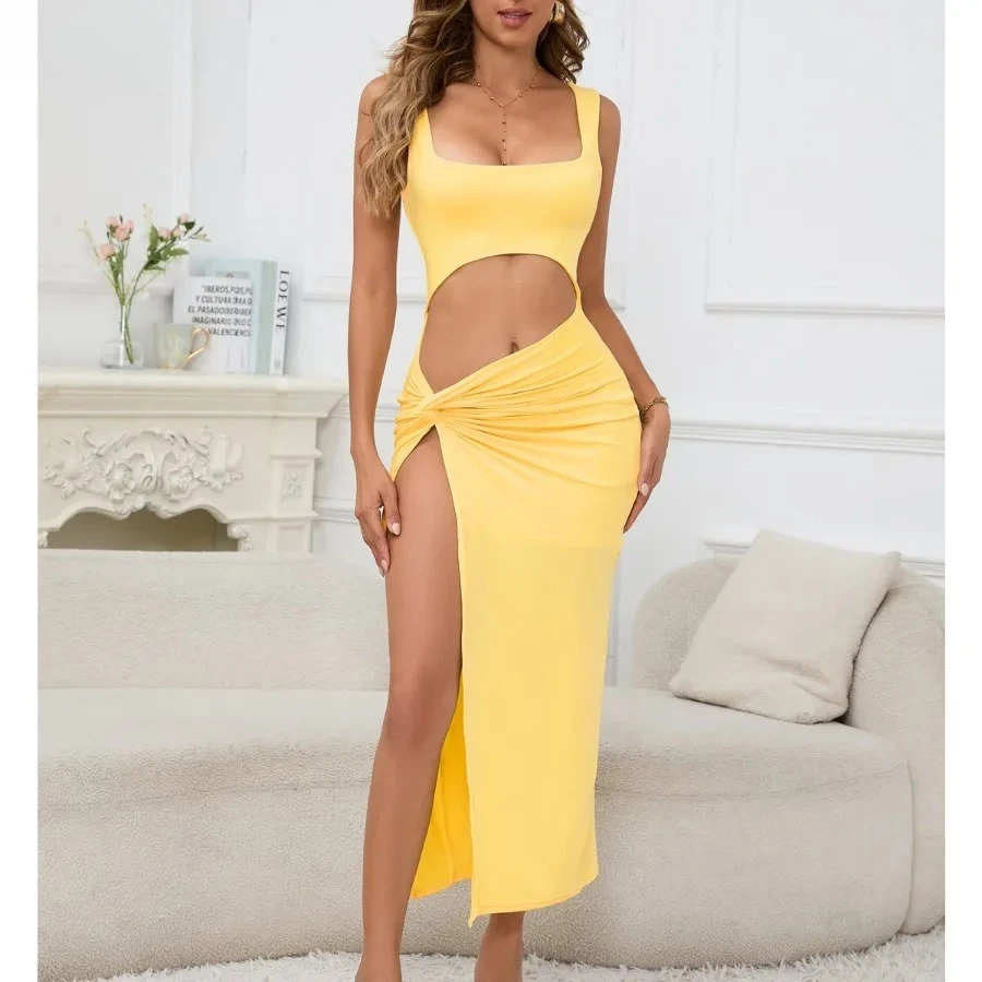 2026 Zomer Vrouwen Sexy Mouwloze Hollow Out Maxi Jurken Side High Split Slanke Open Navel Jurk Beach Party Casual Hot Girl Wear