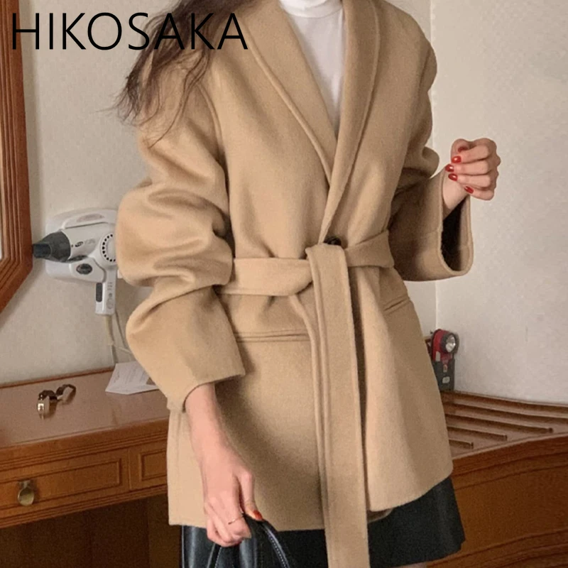 Casaco de mistura de cinto com decote em v coreano chique solto casual manga longa topo 2024 outono inverno elegante sólido lã outwear jaquetas femininas