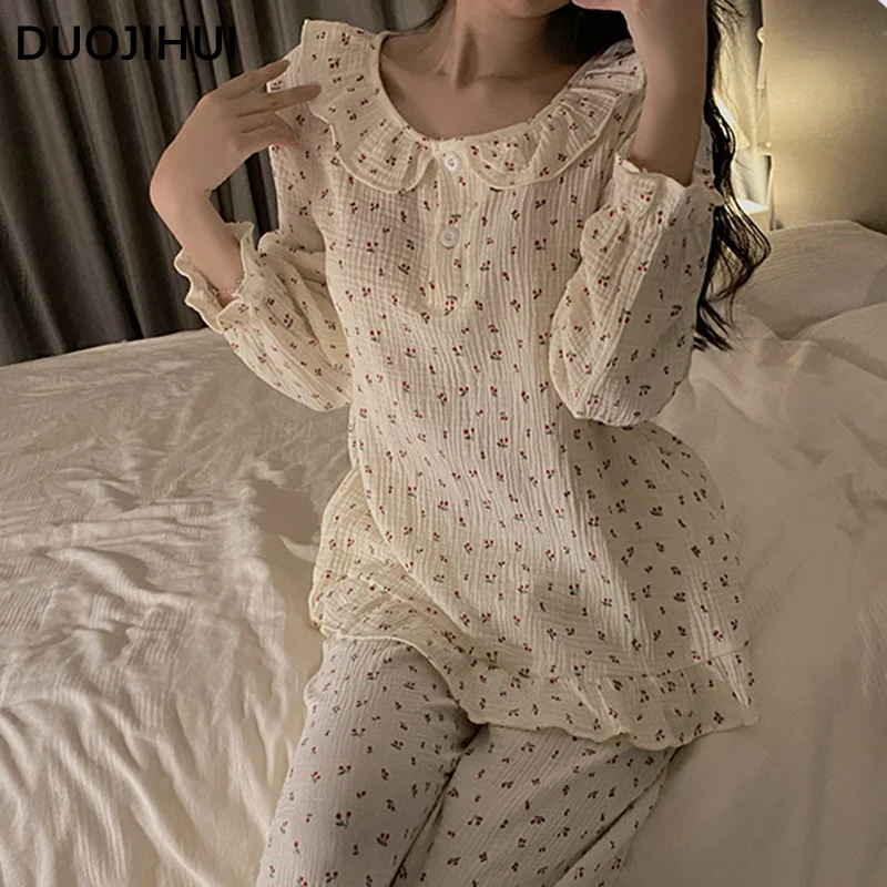 DUOJIHUI Ins Sweet Pullover Loose Pant Casual Pajamas for Women Autumn New Fashion Printing Classic Two Piece Female Pajamas Set