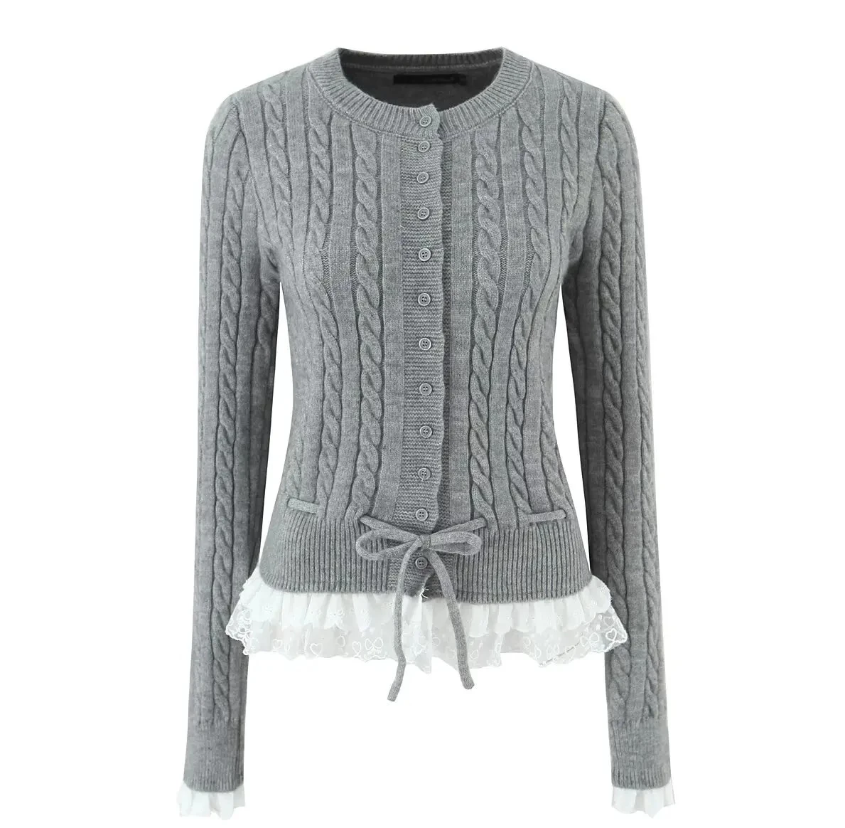 

Облегающий вязаный кардиган с кружевной отделкой в стиле пэчворк, женский свитер с круглым вырезом, американский стиль, осень-зима, новая мода, уличная мода