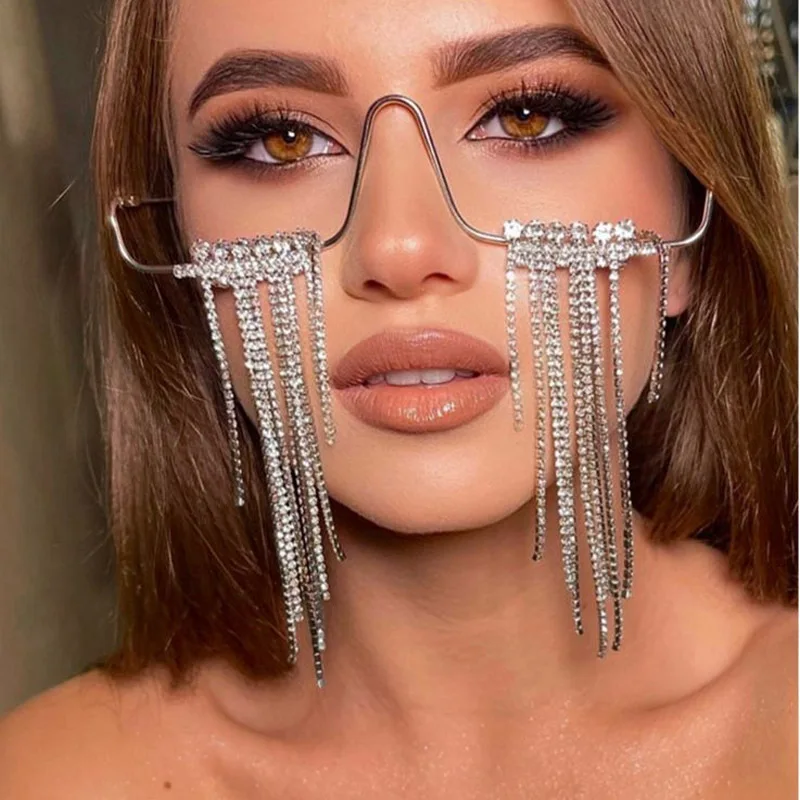 Fashion Square Eyeglass Frames For Women Luxury Bling Rhinestone Stone Tassel Shiny Elegant Party Decor Eyewear Gifts