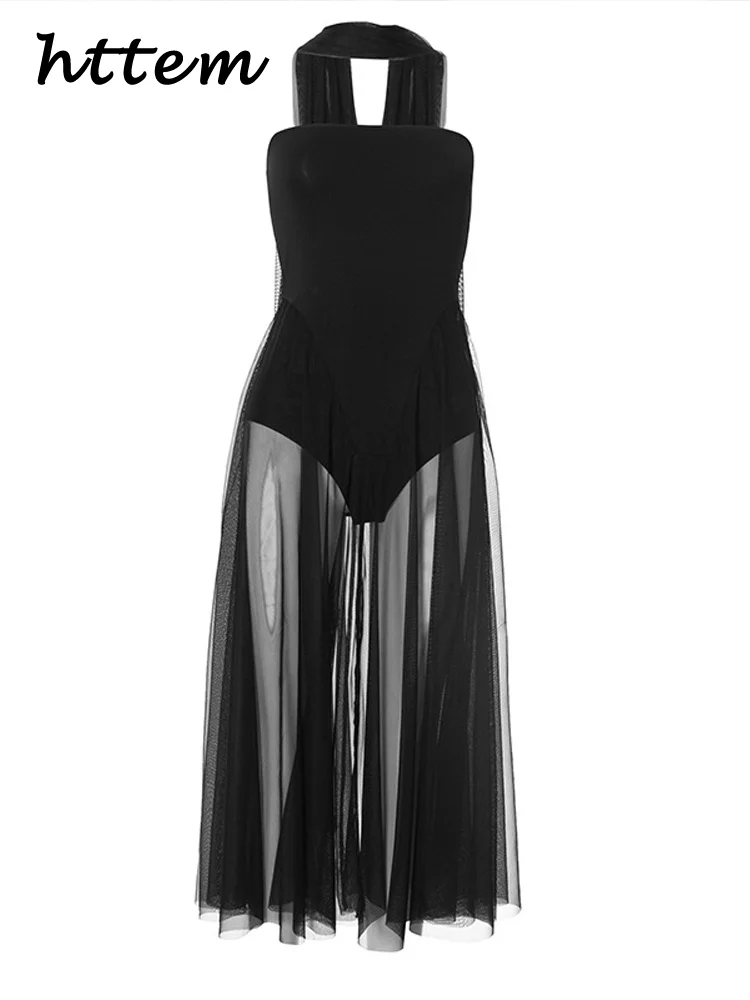 เซ็กซี่ตาข่าย SHEER Spliced ชุดพรรคยาวผู้หญิงริบบิ้น Strapless Backless หญิงชุด 2025 ฤดูใบไม้ผลิฤดูร้อน Lady Solid Robes ใหม่