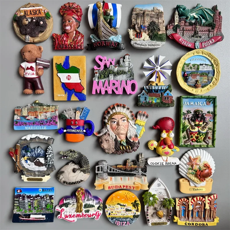 Fridge magnets Budapest Cordoba Tahiti Luxembourg Jamaica Portugal Indian Denmark Armenia Marseille Morocco Norway Latvia